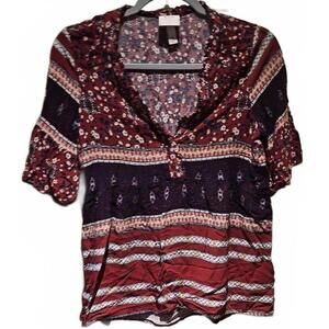 Knox Rose Floral Print Half Sleeve Peplum Blouse Red Boho Country size M